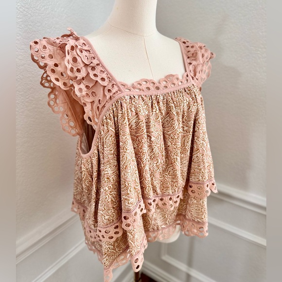 ANTHROPOLOGIE Let Me Be Layered Ruffle Peach Eyelet Swing Top Feminine Blouse - Picture 4 of 16